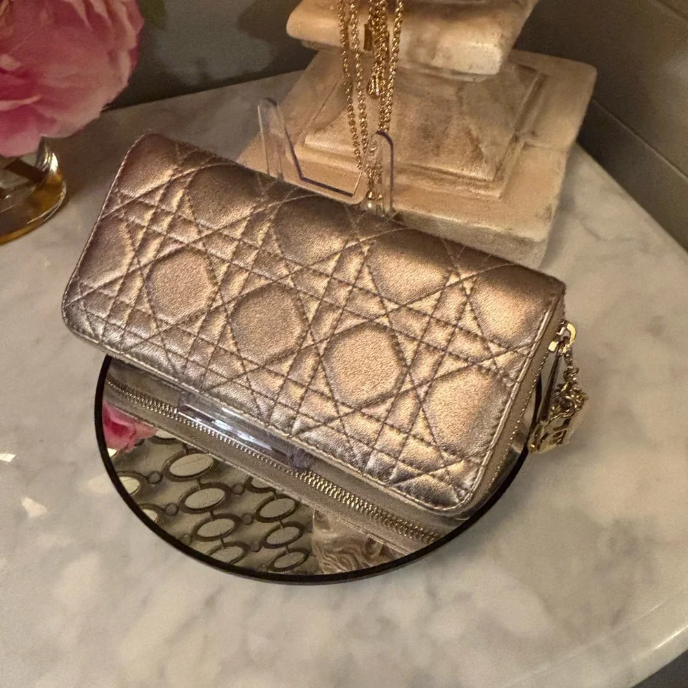 Gorgeous EUC Christian Dior Gold Quilted Cannage Long Wallet w Sig Charm Pull